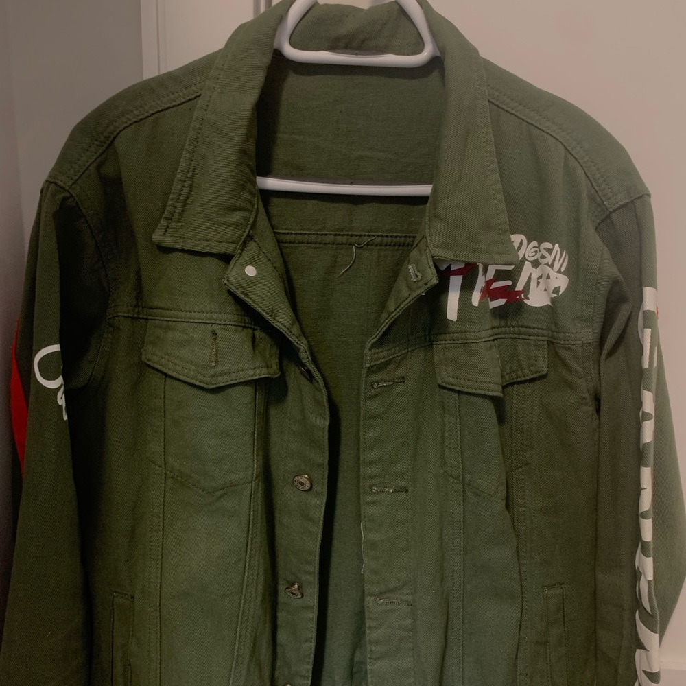 Size small olive green design print Denim Jacket for sale